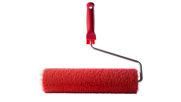 Red paint roller with metal frame and plastic handle, isolated on transparent background