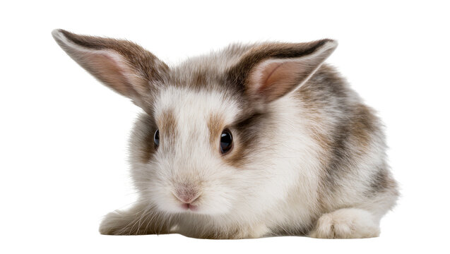 Fluffy tri-color baby lop rabbit with long ears, isolated on transparent background