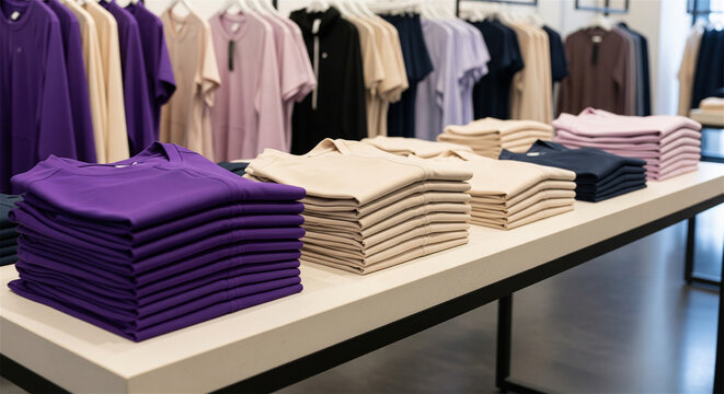 Neatly folded t-shirts on display table, organized clothing in retail store, modern fashion boutique interior