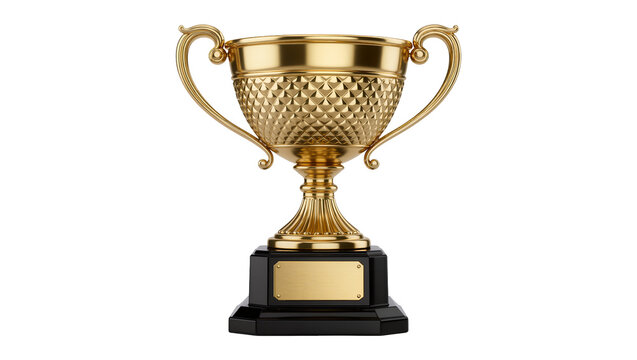 Golden trophy with textured bowl and blank plaque, isolated on transparent background