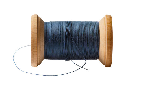 Wooden spool with dark blue thread, isolated on transparent background