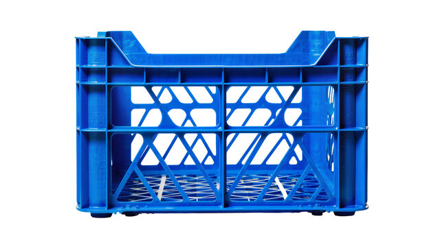 Blue plastic collapsible crate with open lattice sides, isolated on transparent background