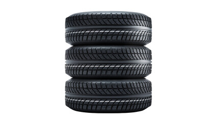 Stack of four black rubber car tires with tread patterns, isolated on transparent background © Maria