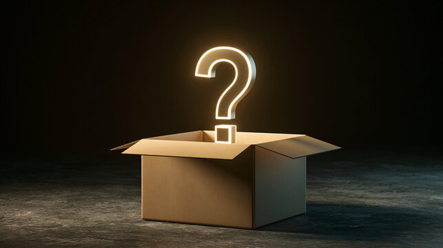 Elegent photo of A glowing neon question mark rising from an open cardboard box in a dark room. Represents mystery, business solutions, and unpredictable outcomes.