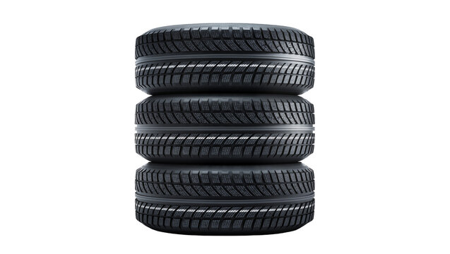 Stack of four black rubber car tires with tread patterns, isolated on transparent background
