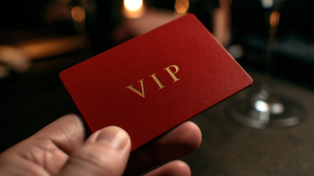 Elegent photo of A hand holds a premium red VIP membership card with gold lettering in low light. Symbolizes exclusive access and luxury club membership services.