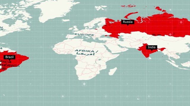 BRICS Countries Highlighted in Red on World Map with Labels
