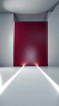 Luminous white geometric pathway stretching forward in a vast minimalist abstract volume featuring a massive perfectly machined matte crimson barrier in cinematic 3D CGI single-moment tableau