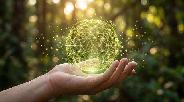 Green Technology and Environmental Protection Concept with Illuminated Digital Globe Floating Above Human Hand in Nature
