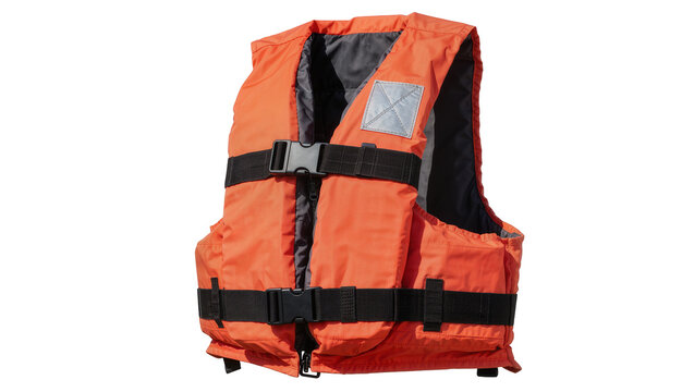 Orange life vest with black buckles and straps, isolated on transparent background