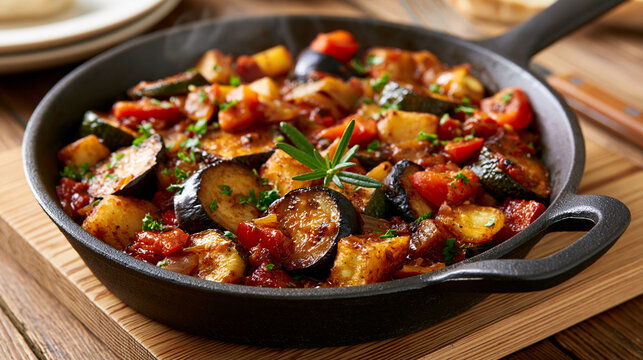 Elegent photo of Fresh ratatouille with eggplant, tomatoes, and zucchini cooking in a cast iron skillet. Perfect for healthy vegetarian food recipes and rustic dining photography.
