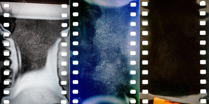 Collection of images with dusty and grungy 35mm film textures or surfaces. Perforated scratched camera film isolated on white background.