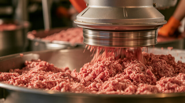 Elegent photo of Industrial meat grinder processing fresh ground beef in a commercial food factory. Essential manufacturing scene for global meat supply and food production industry themes.