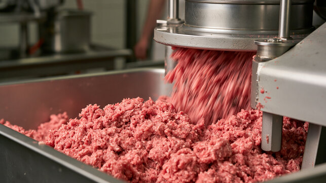 Elegent photo of Industrial meat grinder processing fresh ground beef in a commercial food factory. Represents large scale meat production and food supply chain concepts.