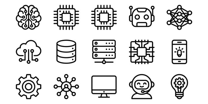 A diverse collection of artificial intelligence and machine learning icons illustrating technology automation data science and modern computing concepts