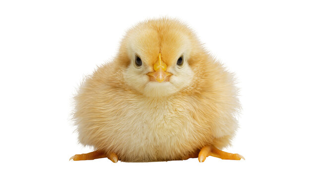Fluffy yellow chick with orange beak, isolated on transparent background