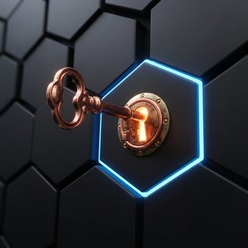 Key unlocking a dark hexagonal wall with glowing blue neon light and detailed metallic textures.
