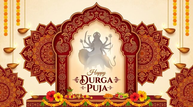 Happy durga puja greeting card with goddess durga and traditional decor