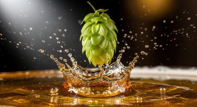 Hop cone in beer splash shot.