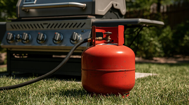 Elegent photo of Red propane gas cylinder connected to an outdoor barbecue grill on a sunny lawn. Essential equipment for summer outdoor cooking and backyard parties.
