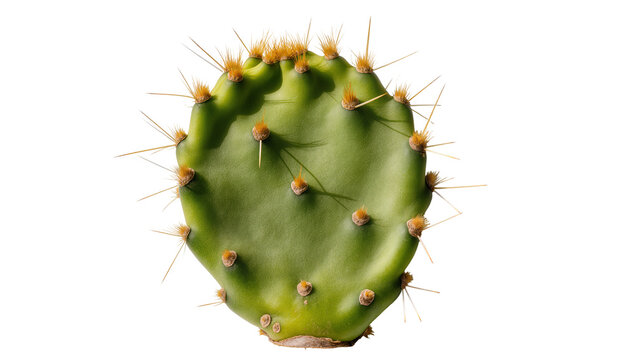 Green prickly pear cactus pad with sharp spines, isolated on transparent background