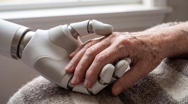 Robotic Hand Gently Holding an Elderly Person's Hand