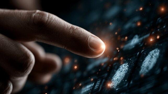 Biometric authentication sensor scanned with a finger touching a glowing digital identification pad in a futuristic security network.