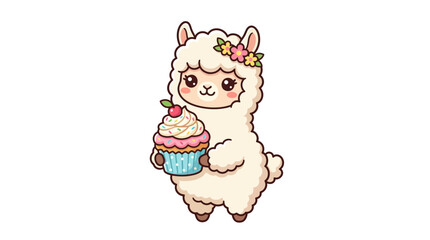 Obraz premium Cute Llama Holding a Cupcake
