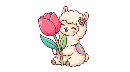 Obraz premium Cute Llama Holding Pink Tulip Flower