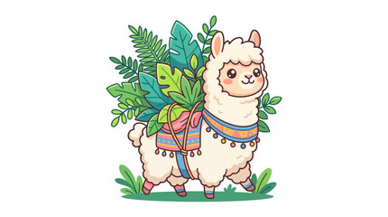 Obraz premium Cute Llama with Tropical Leaves