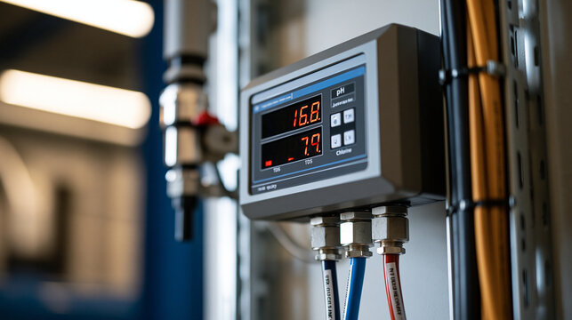 Elegent photo of Industrial water quality monitoring device displaying pH and TDS levels. Perfect for smart water treatment plants and industrial process control applications.