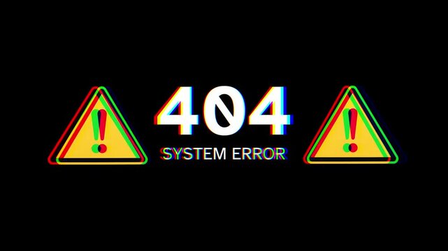 Glitch effect 404 system error warning signs with yellow triangles and exclamation marks on a black background