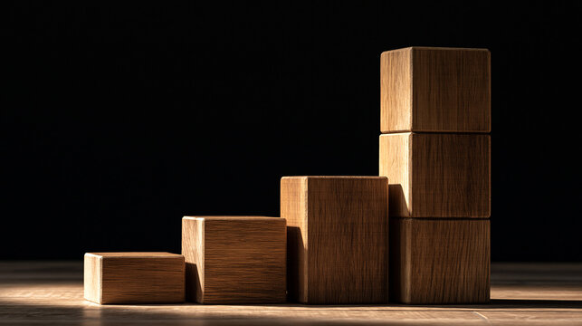 Elegent photo of Wooden blocks arranged in a rising step graph on a wooden table against a black background. Use for business growth and financial development concepts.