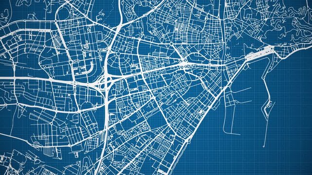 Ink reveal animation of M&aacute;laga (Malaga) city, Spain (Espa&ntilde;a), grid map. Aerial top view. Blueprint style. White lines with blue background. 4K Seamless loop.