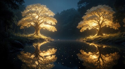 Fototapeta premium Two mystical golden trees glow brightly by calm river at night. Luminous light reflects in dark water surface under starry sky. Magical forest landscape with bright yellow leaves, floating particles