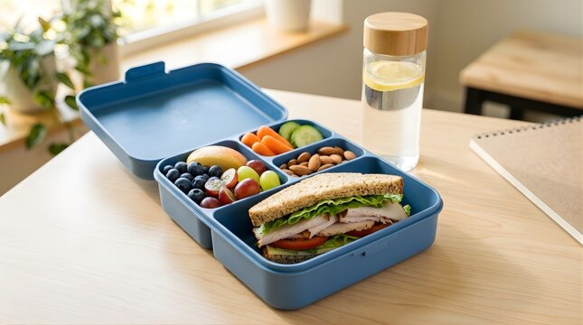 Healthy turkey sandwich and fresh fruit lunch box for work or school