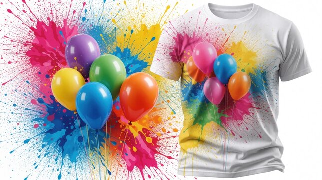 White t-shirt features a vibrant print of colorful balloons and paint splatters. This playful garment design is suitable for parties, celebrations, and casual wear.
