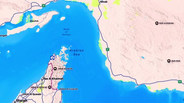 Detailed Map of Qeshm Island, Strait of Hormuz and Arabian Sea Showing Iranian Coastline, Maritime Routes and Strategic Geographic Location