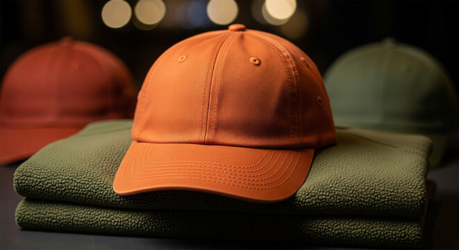 Orange baseball cap mockup on folded green sweater, blank cotton dad hat for apparel branding, minimalist streetwear fashion display