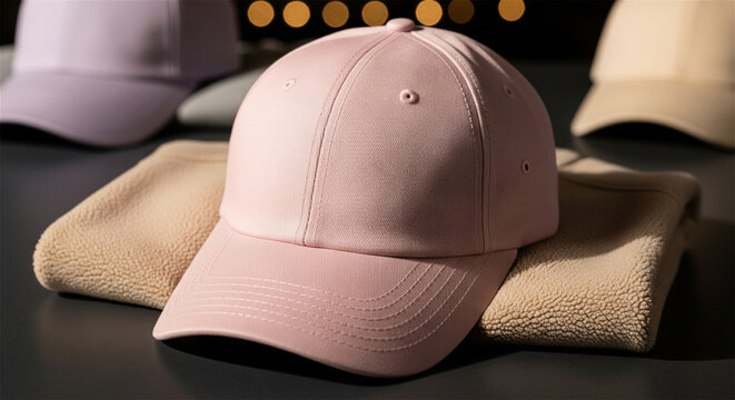 Pink cotton baseball cap mockup, blank dad hat on folded beige sweater, minimalist apparel branding showcase
