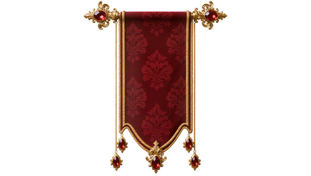 Ornate gold banner with red damask fabric and ruby gems, isolated on transparent background