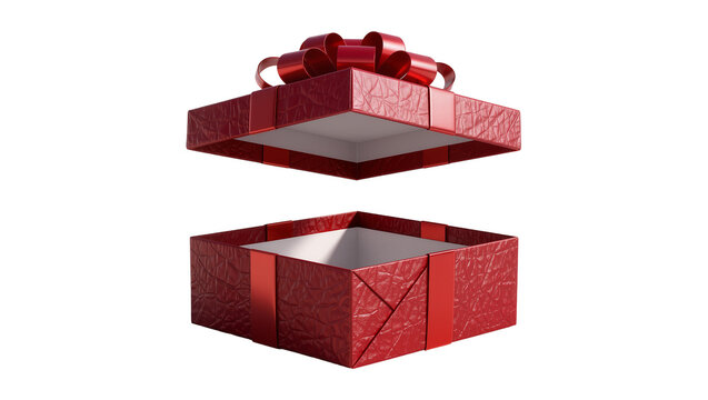 Open red textured gift box with ribbon bow, isolated on transparent background