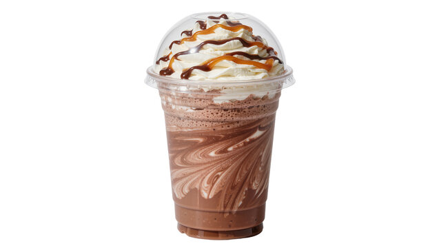 Chocolate caramel frappe with whipped cream and drizzles, isolated on transparent background