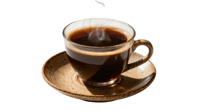 Hot steaming dark coffee in clear glass cup with ceramic saucer, isolated on transparent background