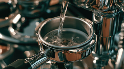 Obraz premium Cleaning espresso machine filter basket under clear water in cafe light, stainless steel with shallow depth of field and bright reflections