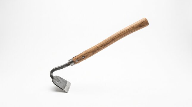Traditional garden hand hoe with wooden handle on white background