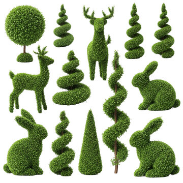Set of green topiary trees and animal garden sculptures