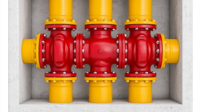 Isolated Red and Yellow Valve Chamber Junction on White Background, 3d rendering