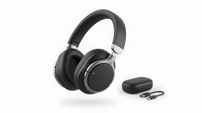 Black wireless headphones floating over white with USB cable and charging case isolated