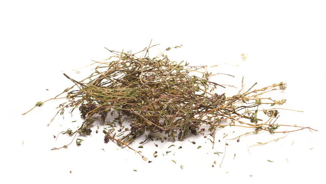  Dry thyme pile, leaves, twigs and stems isolated on white background